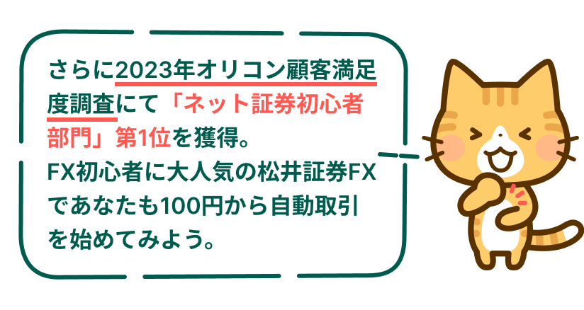 さらに2023年オリコン顧客満足度調査にて「ネット証券初心者部門」第1位を獲得。
FX初心者に大人気の松井証券FXであなたも100円から自動取引を始めてみよう。